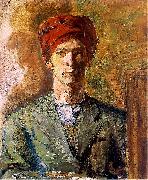 Zygmunt Waliszewski Self-portrait in red headwear USA oil painting artist